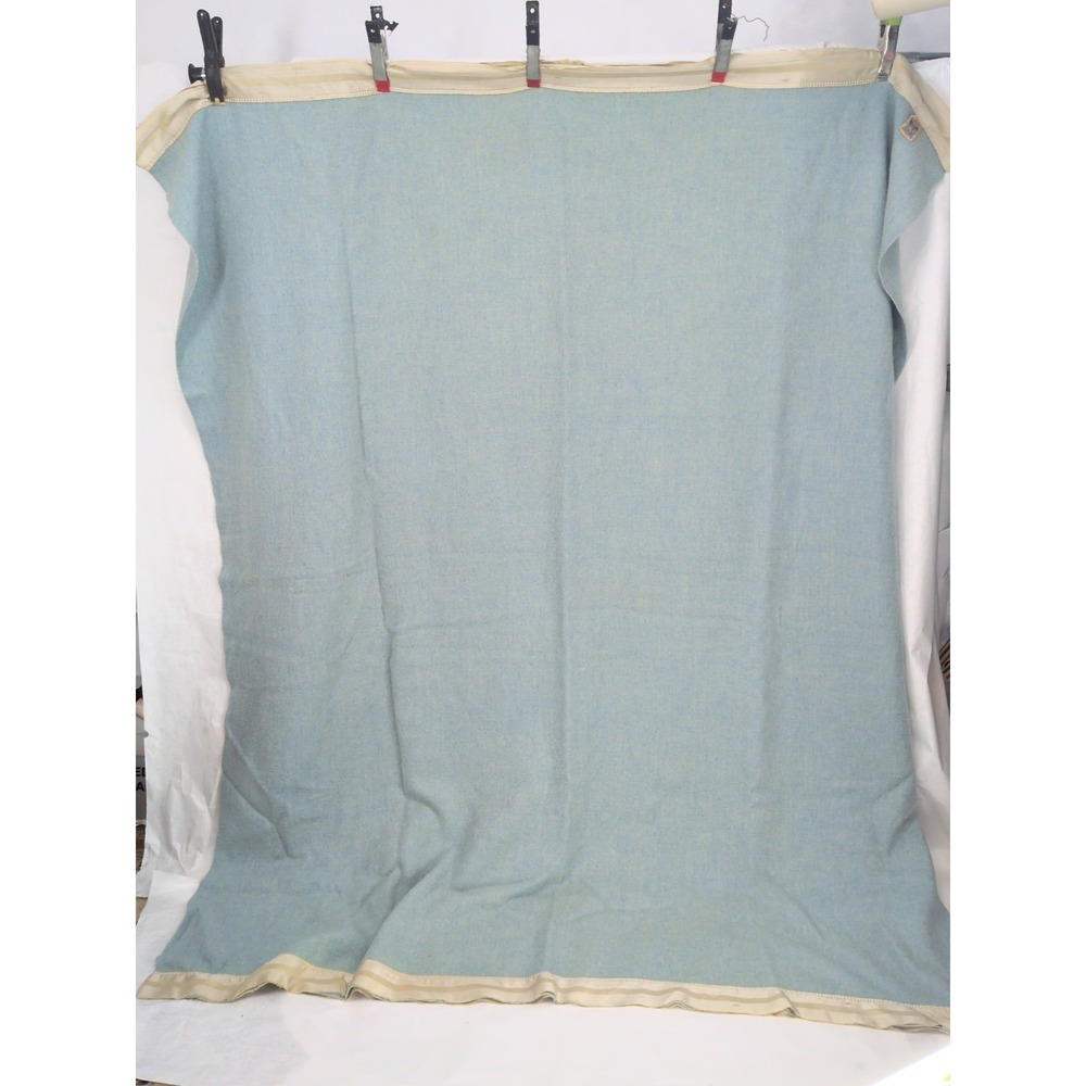 Vintage Kenwood Wool Satin Trim Teal Blue Blanket 73X84 In